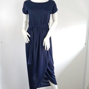 Yidarton Women's Wrap Dress Size Small Navy Blue Short Sleeve Belted Maxi